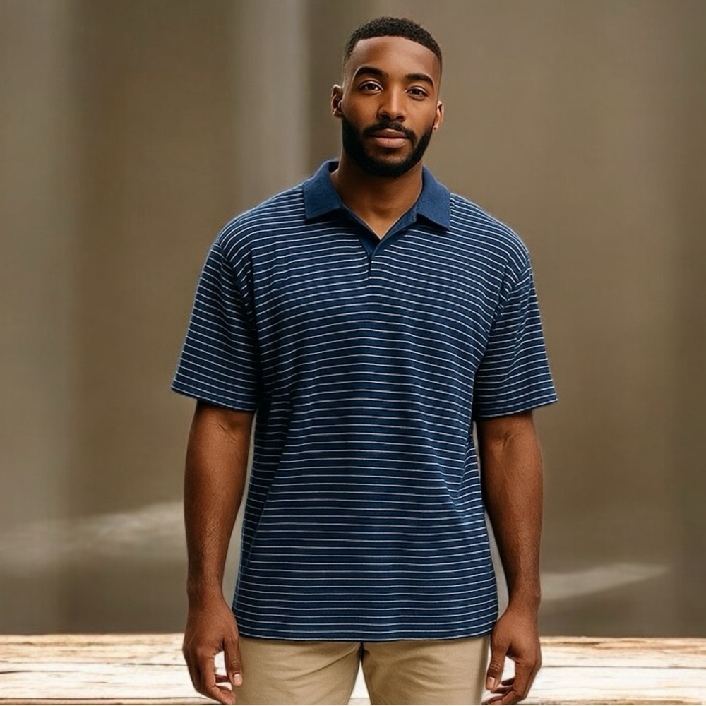 Untuckit Men’s Polo Shirt Peyton Blue White Striped Pullover Short Sleeve Sz Lg